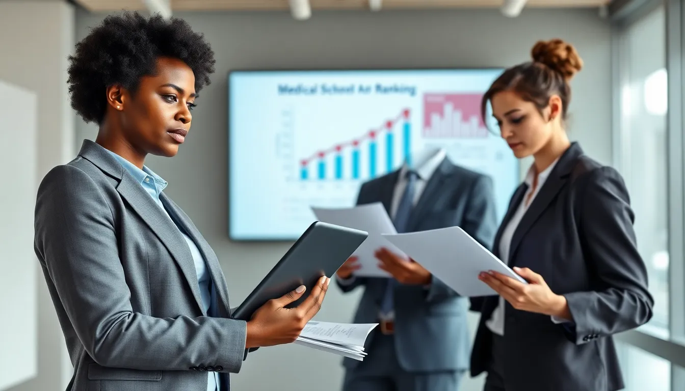 professionals discussing medical school rankings in a modern office.