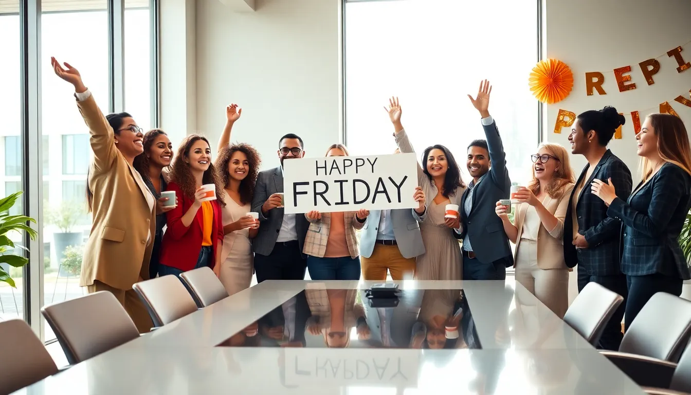 professionals celebrating Friday in a modern office setting.