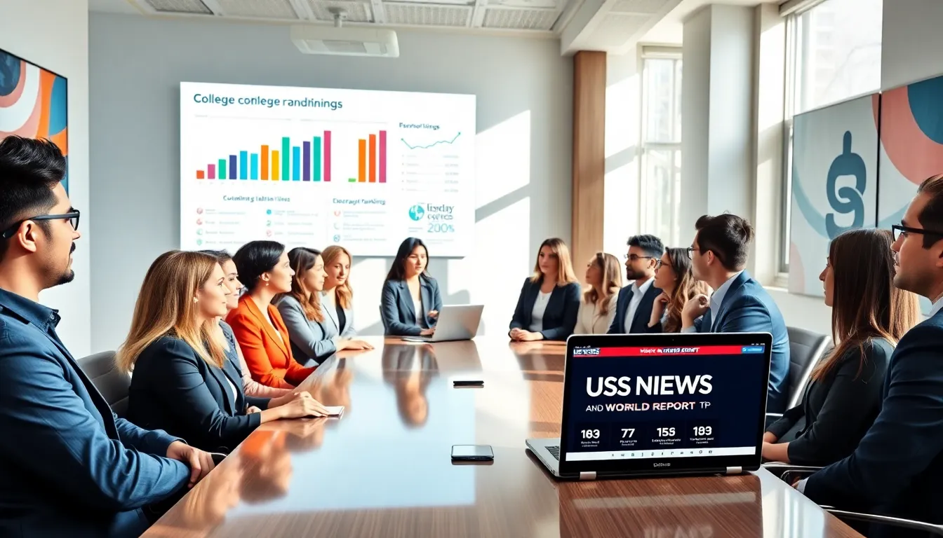 diverse group discussing college rankings in a modern office.