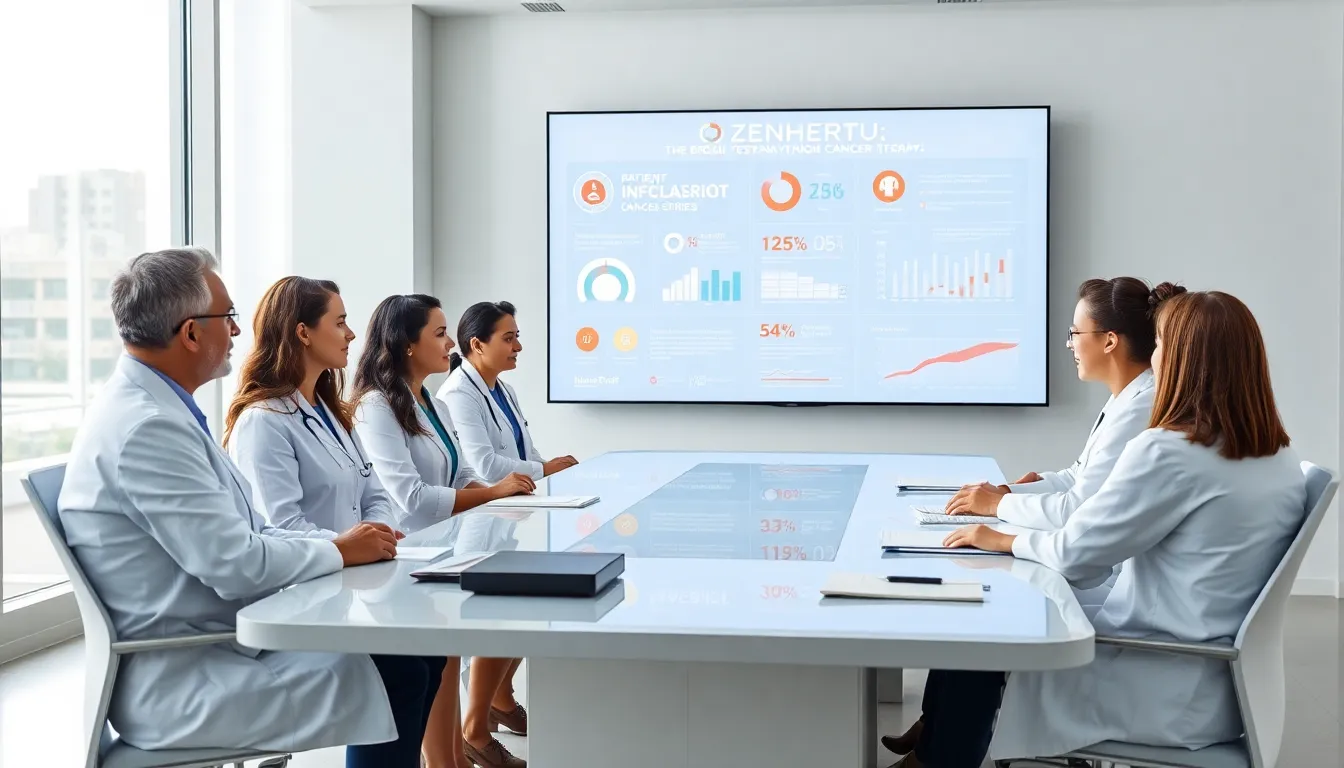 oncologists discussing Enhertu in a modern healthcare environment.