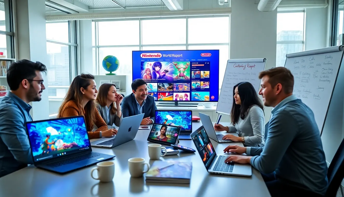 diverse team discussing video game content in a modern office.
