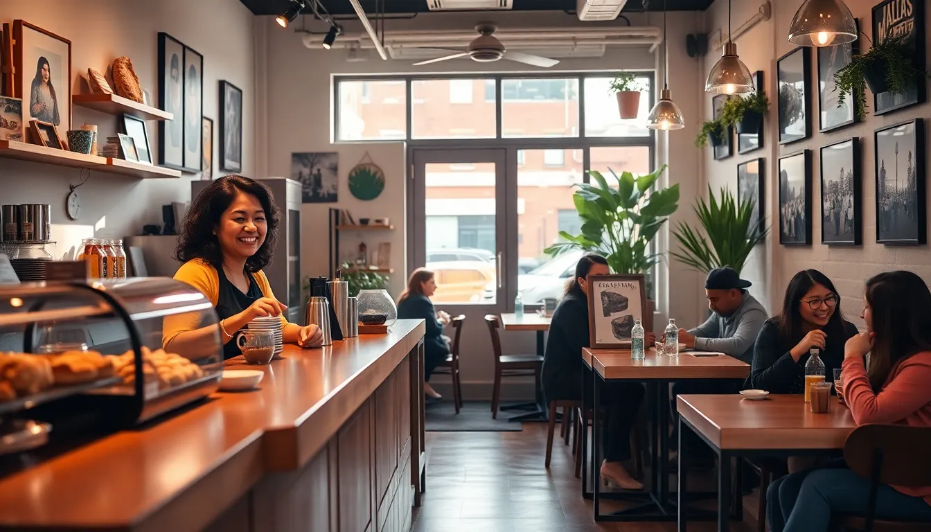 diverse small business owners serving customers in a cozy coffee shop.