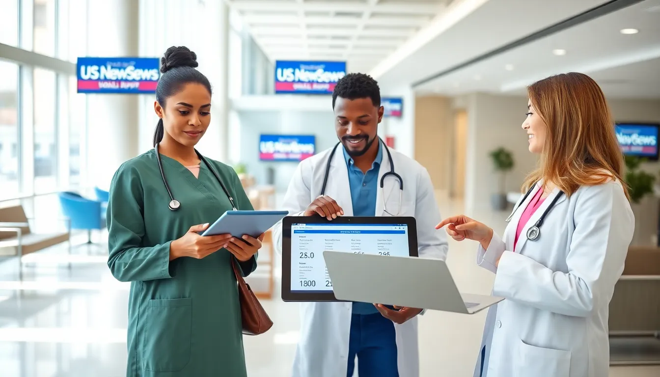 medical professionals discussing hospital rankings in a modern lobby.