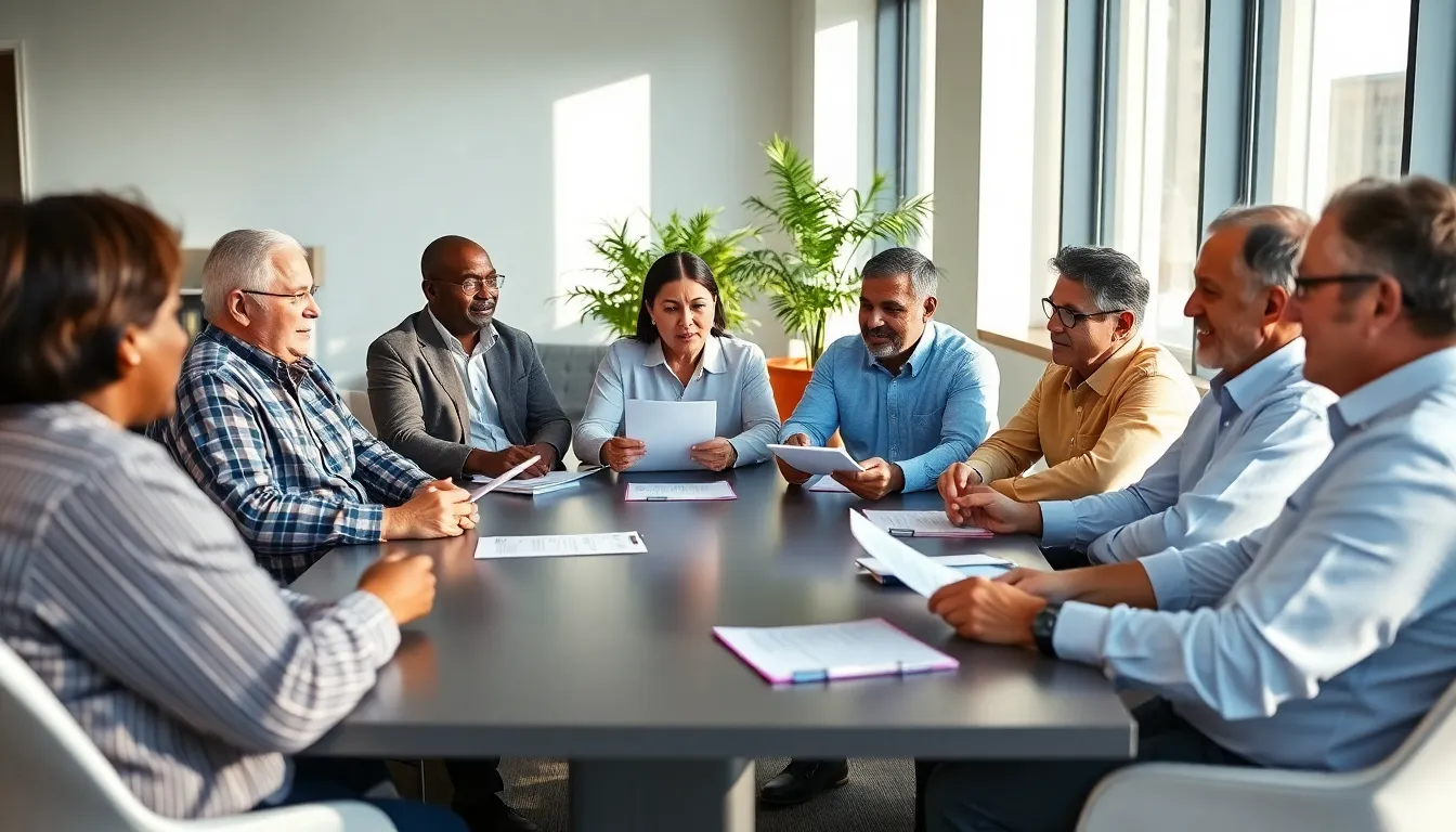 Diverse veterans discussing the VA Higher Level Review in a modern office.