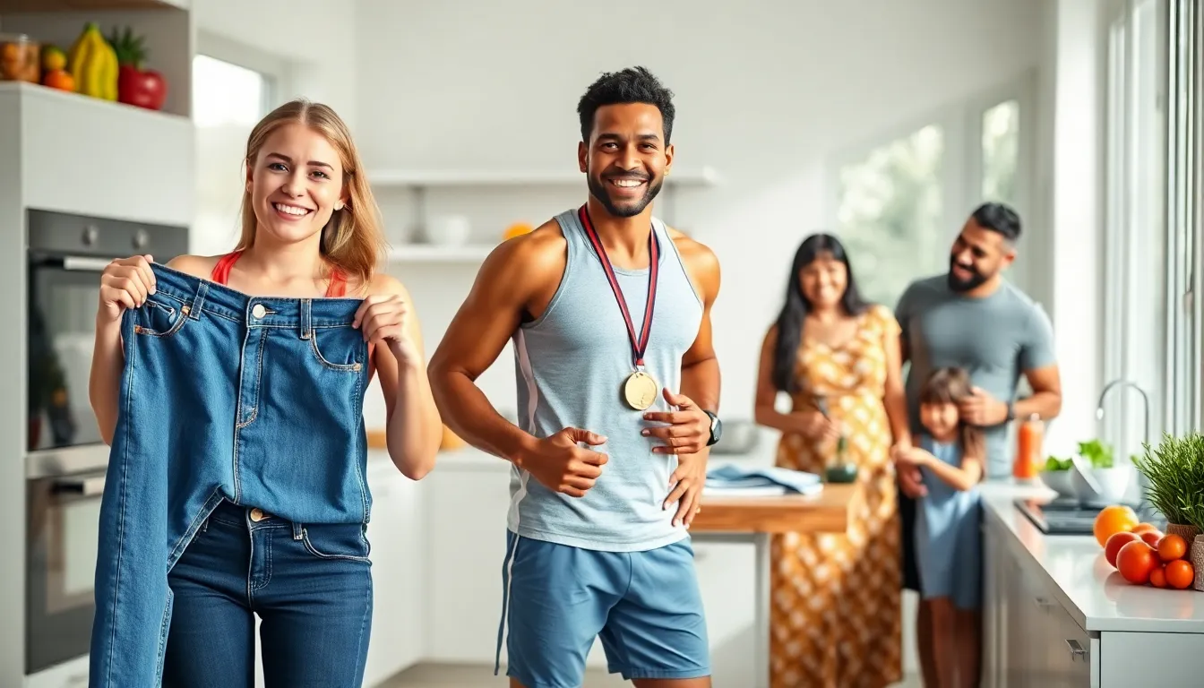 celebration of weight loss success in a modern kitchen.
