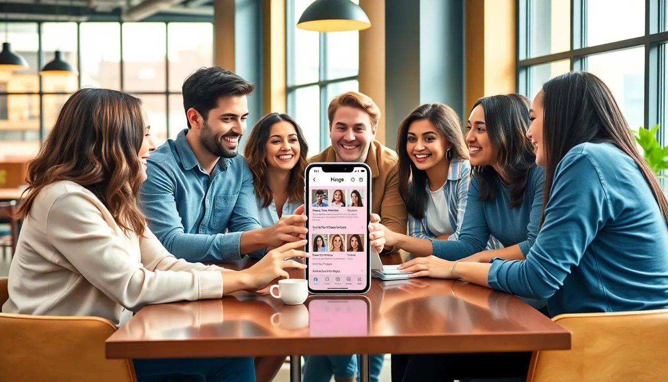 diverse group smiling and interacting over the Hinge app in a café.